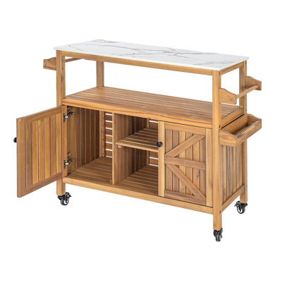 Outdoor Patio Acacia Wood Bar Cart, Natural Finish, Set of 1