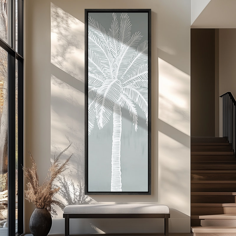 Silhouette de palmier blanc sur fond bleu pâle brumeux - grande impression sur toile encadrée dans la chambre principale