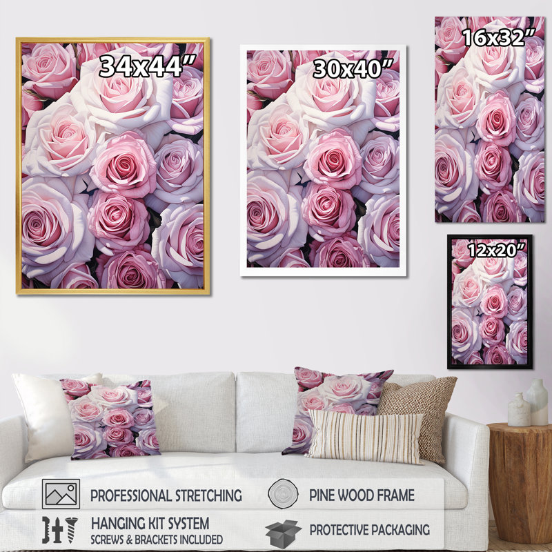 Minimalisme roses roses sur toile, Cadre simple noir, H 44 po x l 34 po x P 1,5 po