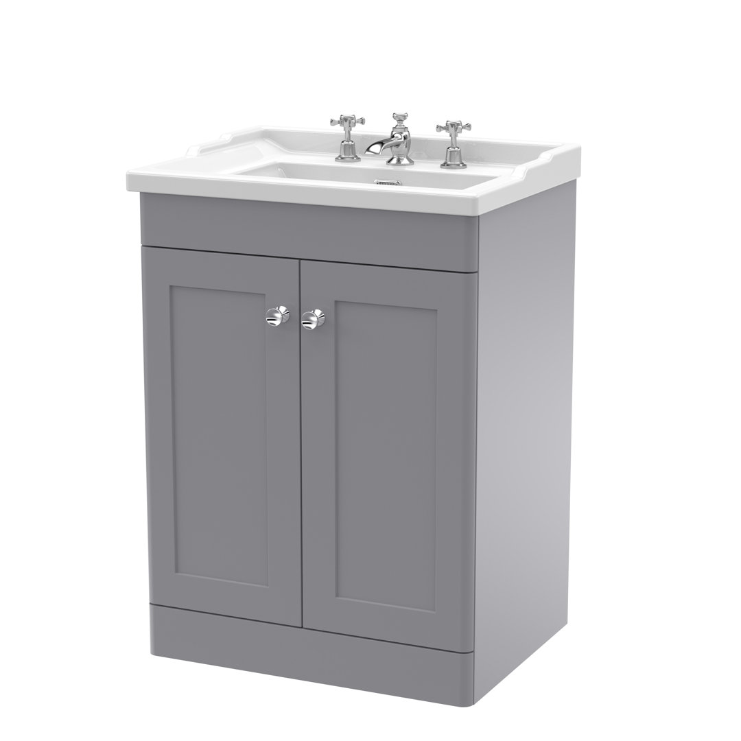Nuie Classique 2 Door Satin Grey Floor Standing Unit And 3 Tap Hole Fireclay Basin 600Mm - Image 3