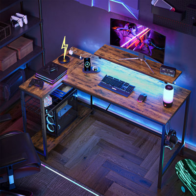 Aurea L-Shape Desk with Built-In Outlets and LED Lights