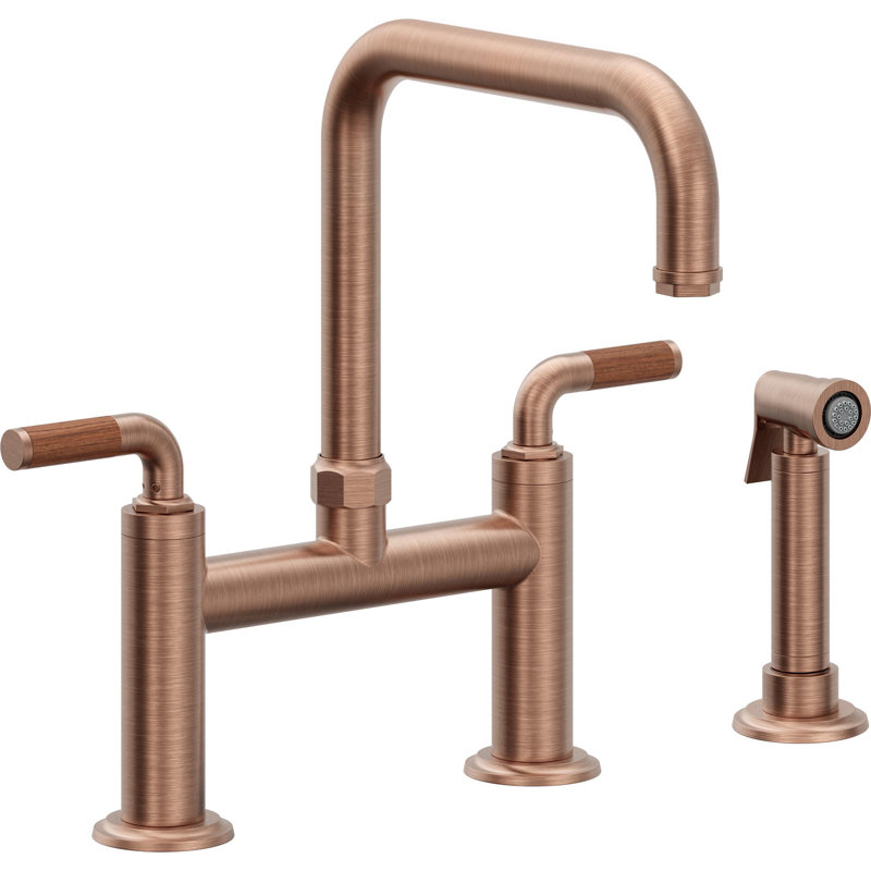 Descanso Side Spray Kitchen Faucet, Antique Copper Flat, With Side Spray, Teak Lever Handle