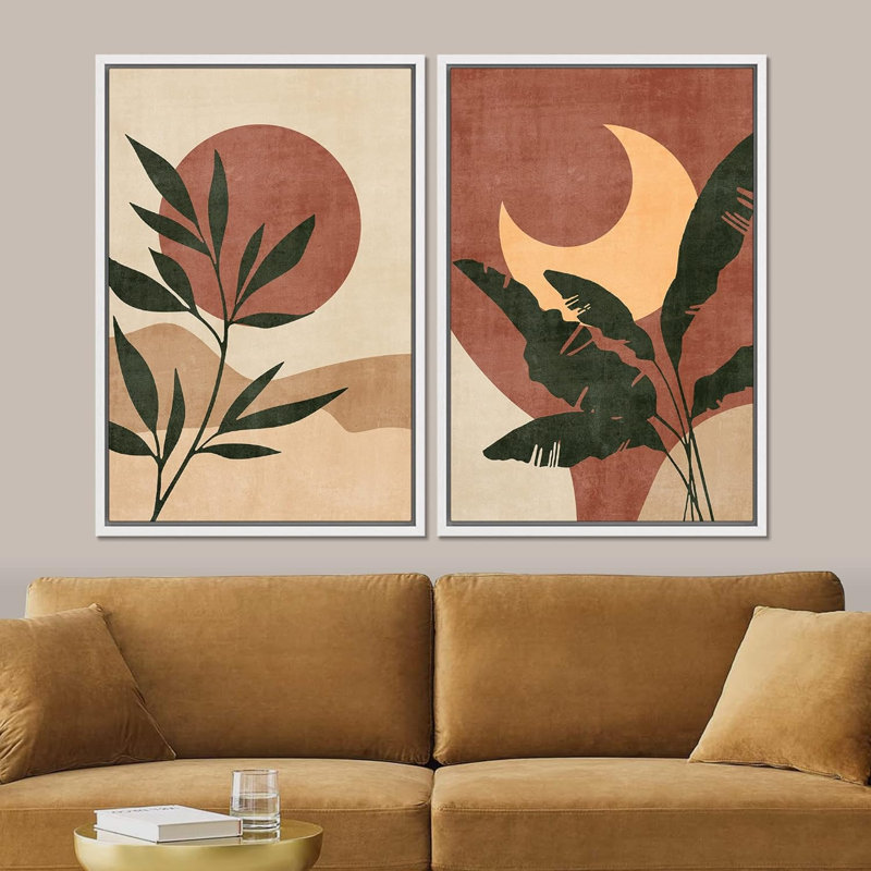 Soleil et lune, plantes désertiques de style Mid-Century, formes abstraites, art mural, art moderne nordique, 2 pièces, Blanc