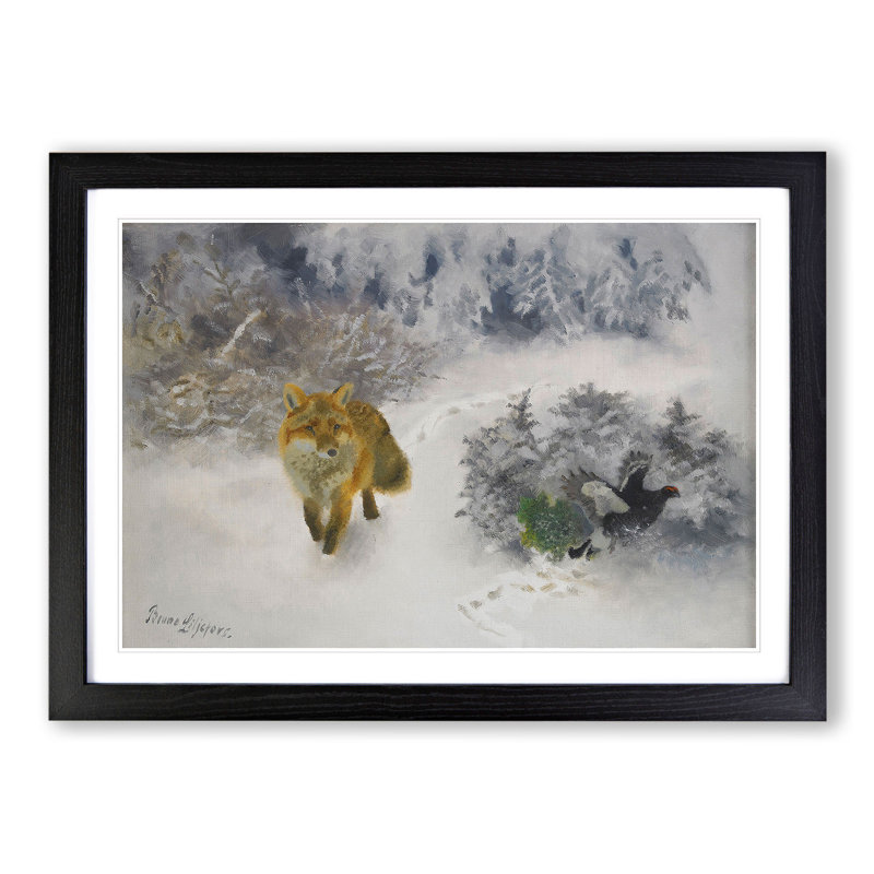 Fox and Black Grouse Cock by Bruno Liljefors - Picture Frame Painting, 27cm H x 36cm W x 2cm D, Black Framed