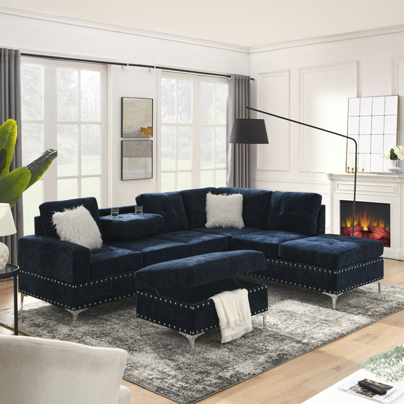 Ilish Upholstered L-Shaped Sectional Reversible, Dark Blue Chenille