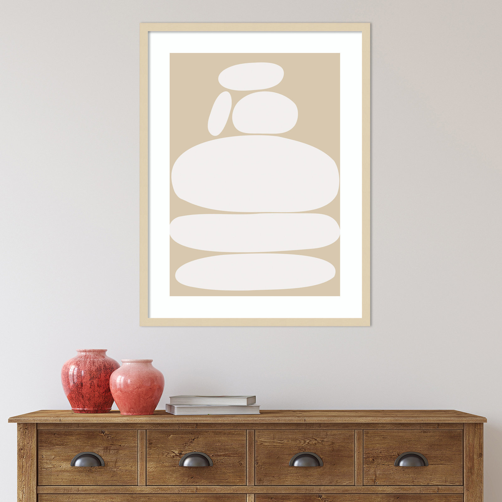 Zen River Rocks Neutral Print, Brown Framed, 33" H x 25" W