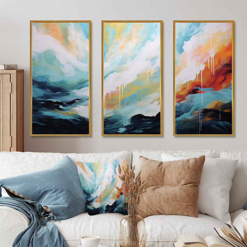 Azur bleu blanc fusion - art mural abstrait, Cadre flottant doré, H 40 po x l 60 po x P 1 po
