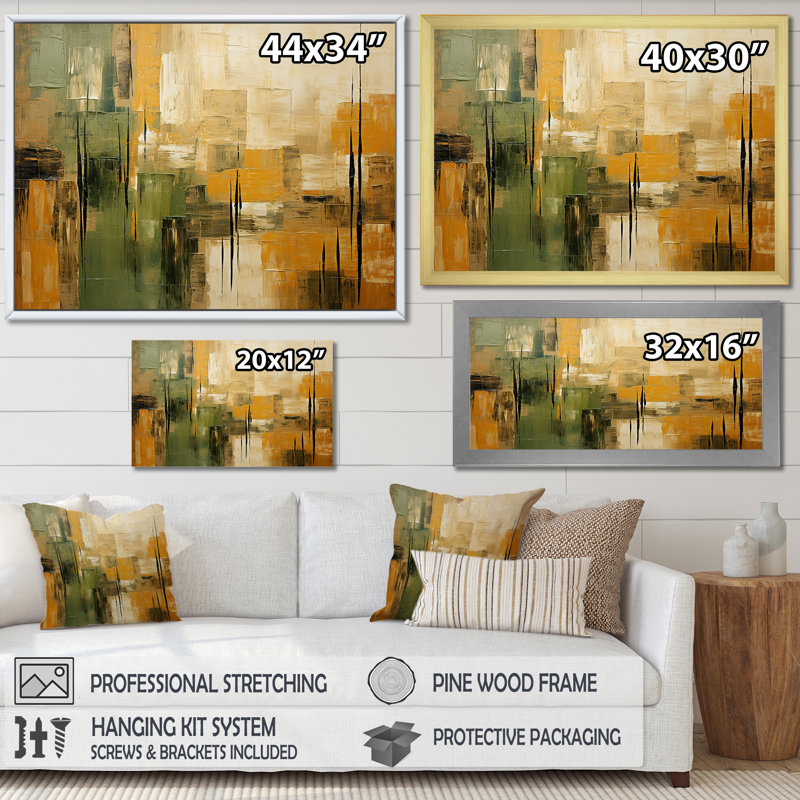 "Green beige Wild Essence Collage I - Tachisme", art mural sur toile, Noir, H 30 po x l 40 po, Impression encadrée