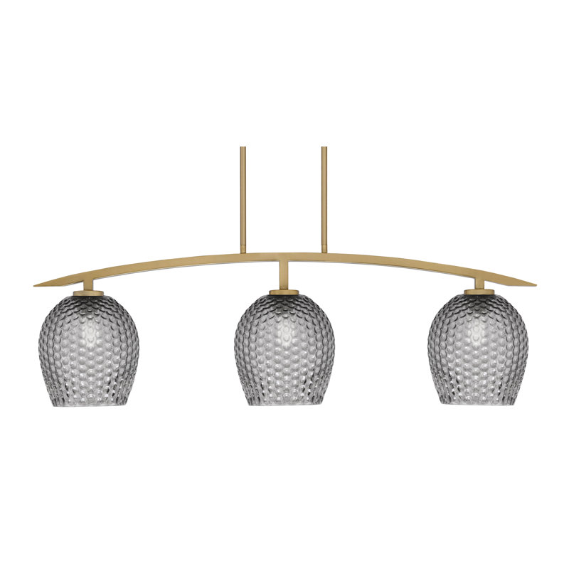 Luminaire pour îlot de cuisine 3 lumières kurve au fini laiton vieilli avec verre texturé fumé de 7,5 po