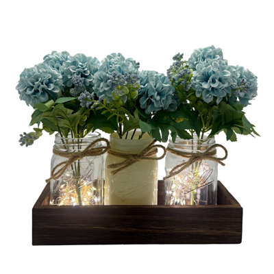 3 Pcs Blue Carnation Centerpieces with Mason Jar, LED Light, Wood Tray, Silk Flower Decor
