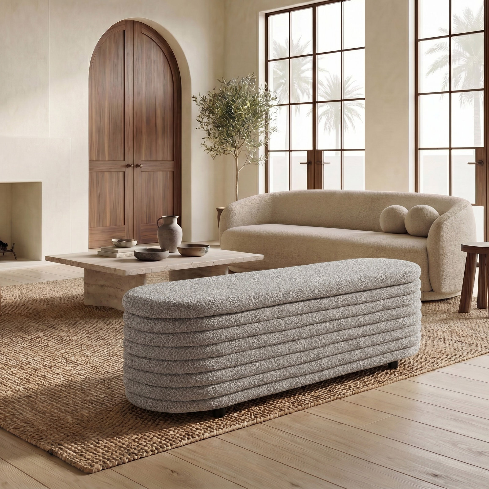 Delray 60" Linen Bedroom Bench, Dark Grey Boucle