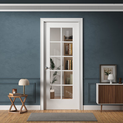 Prehung Interior Door, 10-Lite Clear Glass Design, White Primed, Solid Core, With Jambs Kit, Black Or Satin Nickel Hinges, And Pre-Drilled Lock & Hinge Holes