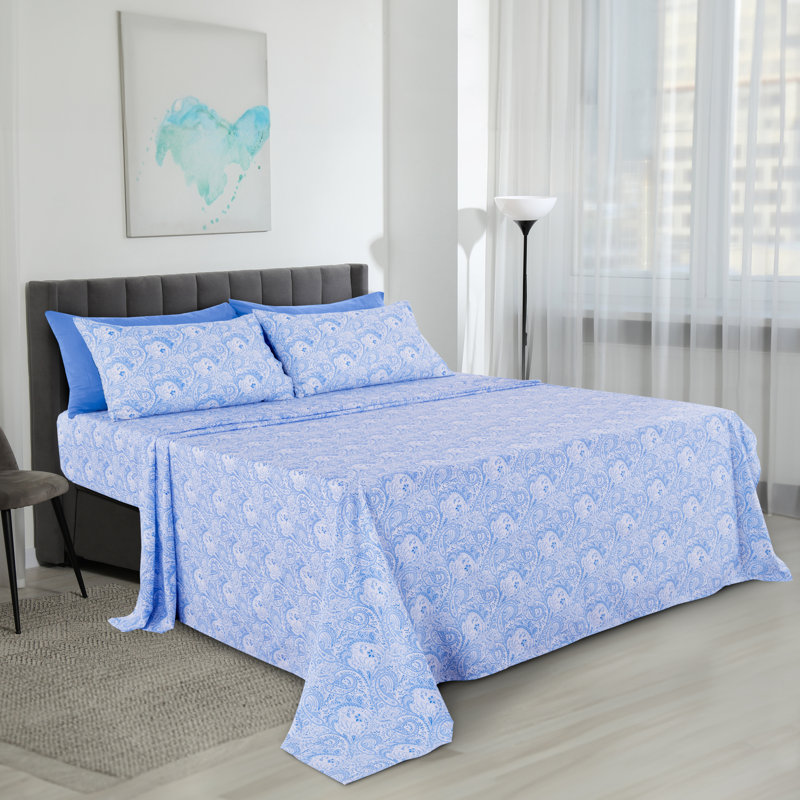 Leeson Microfiber Paisley Sheet Set, Full Sheet Set + 1 Fitted Sheet + 4 Pillowcases, Blue
