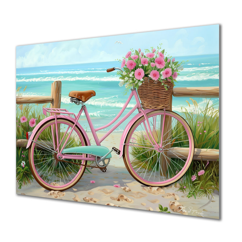 Vélo rose avec roses roses sur un chemin de plage - décoration murale bord de mer, Métal métal, H 16 po x l 32 po x P 1 po