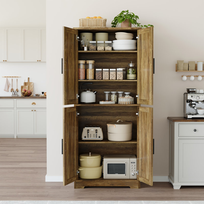 Grand garde-manger moderne, armoire de rangement autoportante avec 4 portes et 3 tablettes réglables pour le salon, la salle à manger, la salle de bain et la buanderie