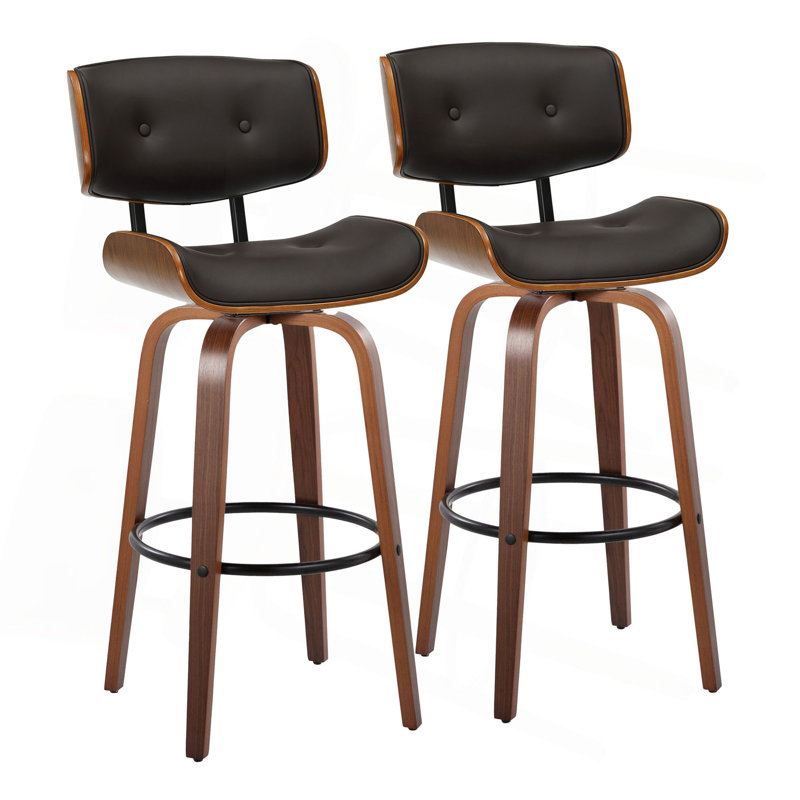Tabouret de bar à hauteur fixe avec pivot en bois et similicuir avec repose-pieds rond en métal noir - ensemble de 2