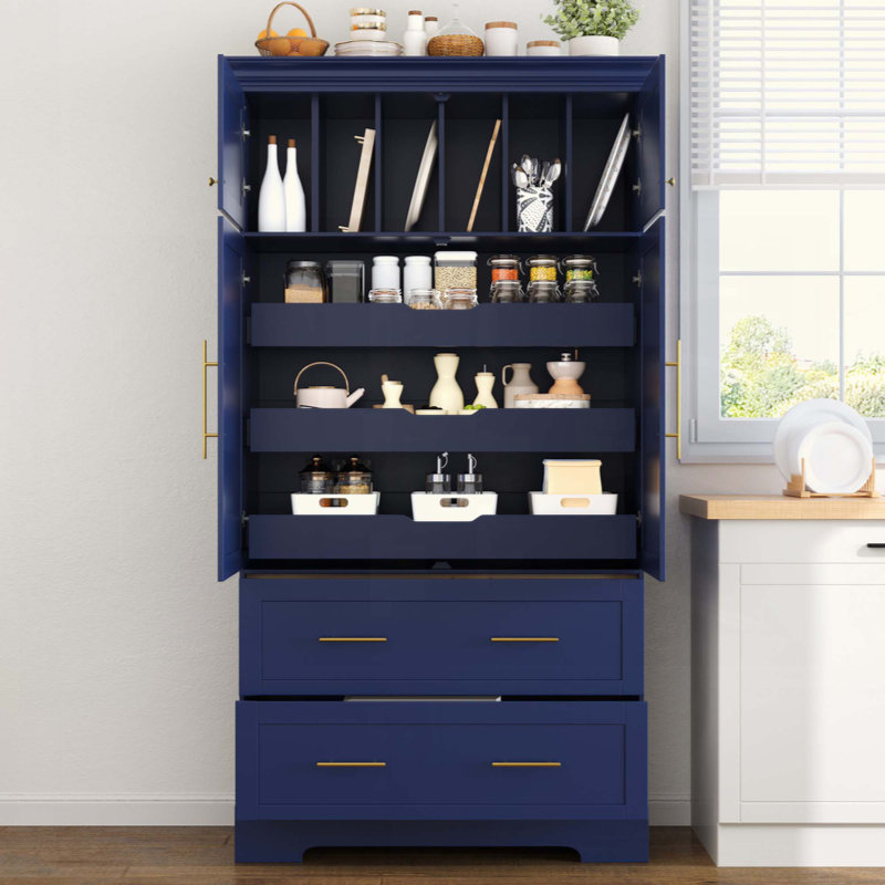 Garde-manger autoportant Farmhouse, 4 portes, armoire de rangement avec plateaux coulissants, tiroirs et plateau de rangement