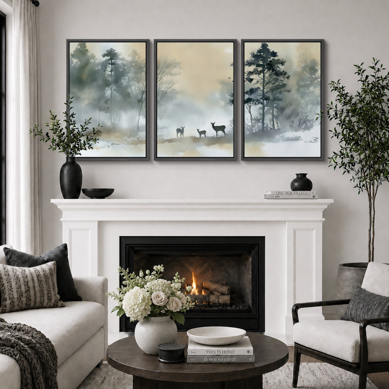 Misty Winter Deer Woodland Landscape, H 24 po x l 48 po x P 1,5 po, Cadre noir