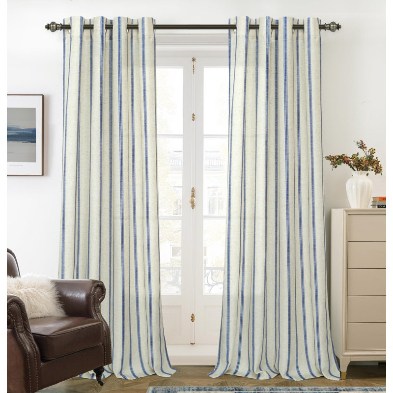 Jeanenia  Farmhouse Vertical Striped Linen Blend Textured Light Filtering Semi Sheer Curtains for Living Room Bedroom, Navy