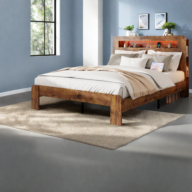 Lits de rangement, bois et métal brun foncé, USB à DEL rustique, usage domestique