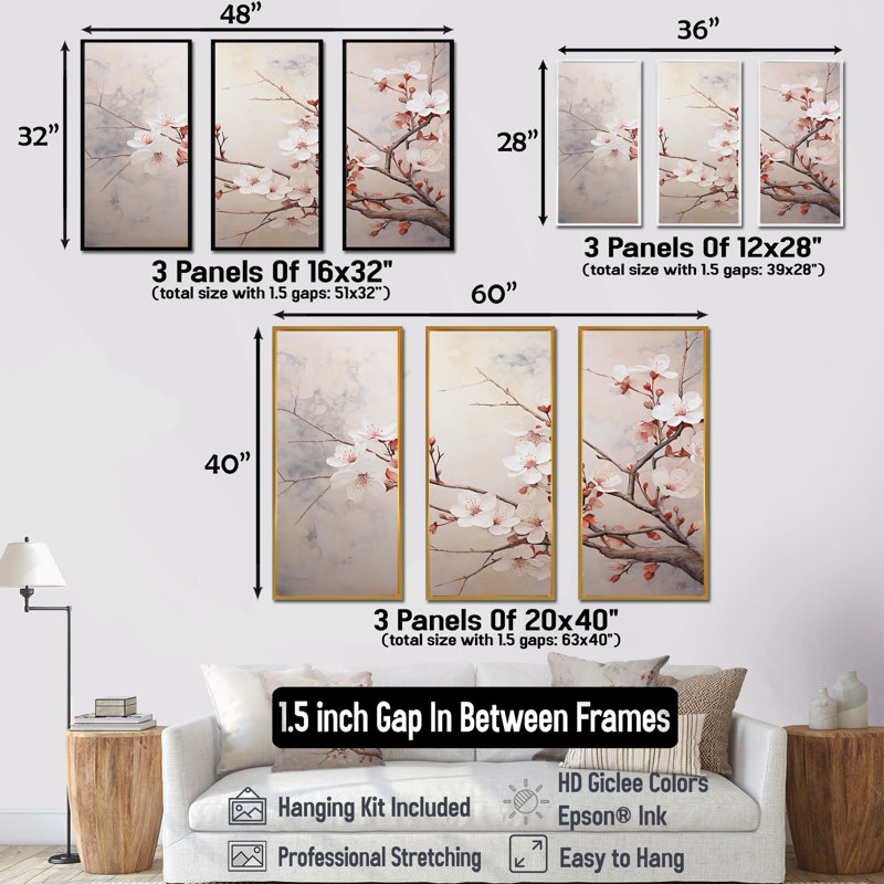 Minimalisme, cerisier en fleurs beige - ensemble d'art mural fleur de cerisier, Cadre flottant doré