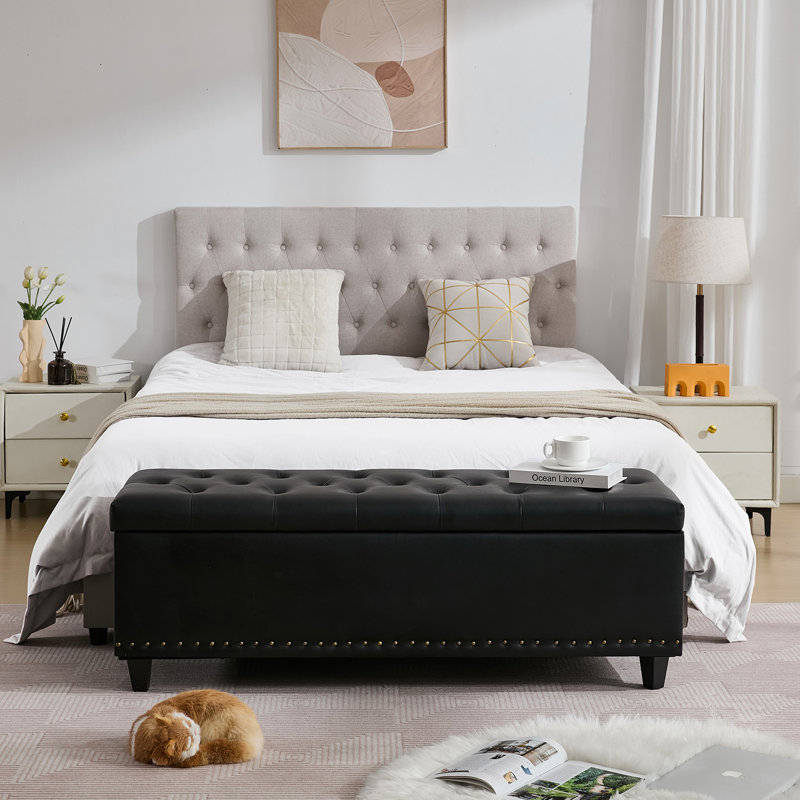 Espana 51'' Upholstered Tufted Storage Ottoman, Black Faux Leather