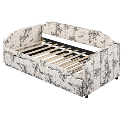 Lit de jour simple rembourré avec couchette escamotable et ports de chargement USB, imprimé botanique