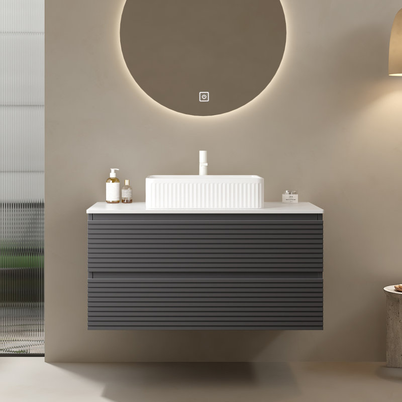 Ensemble de meuble-lavabo mural rayé en contreplaqué gris avec lavabo vasque Eclat
