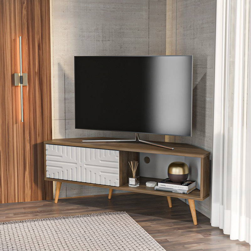 Mora 55 inch Wide Corner TV Stand, Walnut/White