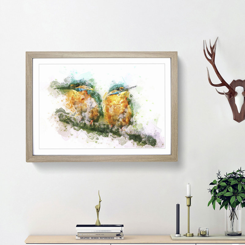 Pair of Kingfisher Birds in Abstract - Picture Frame Graphic Art Print, 27cm H x 36cm W x 2cm D, Oak Framed