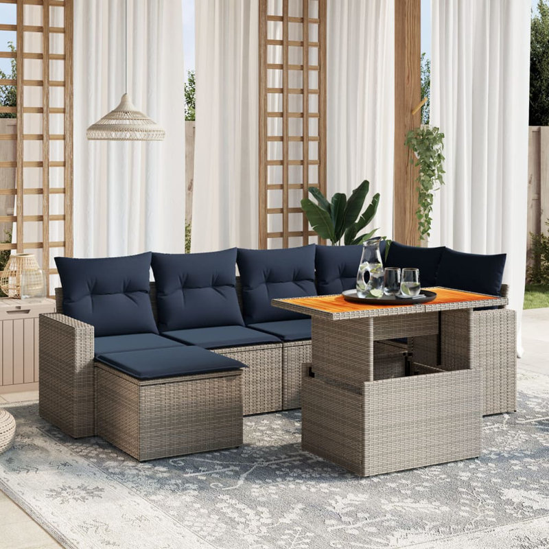 Ensemble de canapé de patio 7 pièces avec coussins en rotin de polyester, Gris, Marine