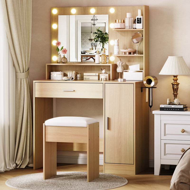 Bureau de maquillage avec miroir HD, 10 ampoules DEL, 3 modes d'éclairage réglables et une station de charge, Beige