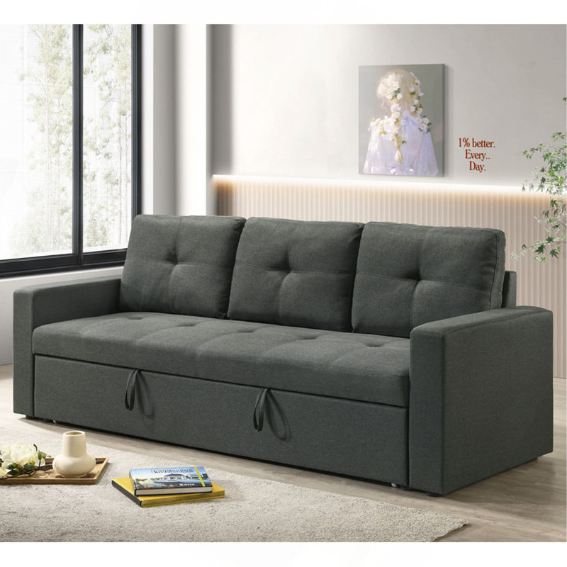Canapé-lit rembourré en tissu avec coussins capitonnés, gris foncé