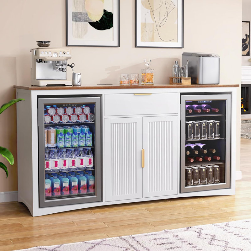 Long Coffee Bar Cabinet with Fridge Space, Modern Wine Liquor Cabinet with Storage & Power Outlet, Buffet Sideboard with Fluted Doors for Home, 70.1 Inch, White