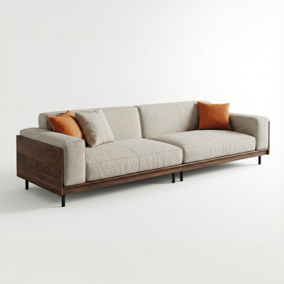 112 Inch Gray Fabric Sofa Solid Wood Frame Deep Seat 4 Seater Living Room Couch