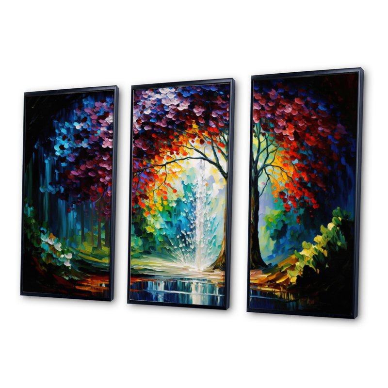 «Big Tree In The Middle Of Forest pendant l'automne II», reproduction sur toile 3 pièces, H 28 po x l 36 po, Cadre noir