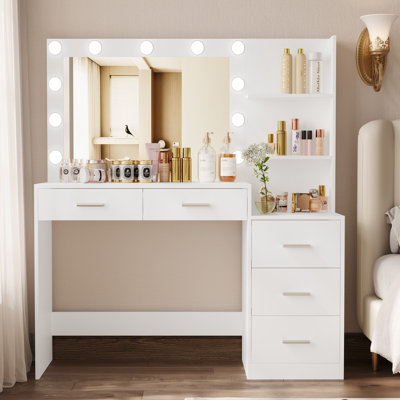 Kimberely 46.7" Vanity Table with Side Storage Shelf & 5 Drawers, Makeup Vanity Desk, 3-Color Lighted Mirror by Latitude Run