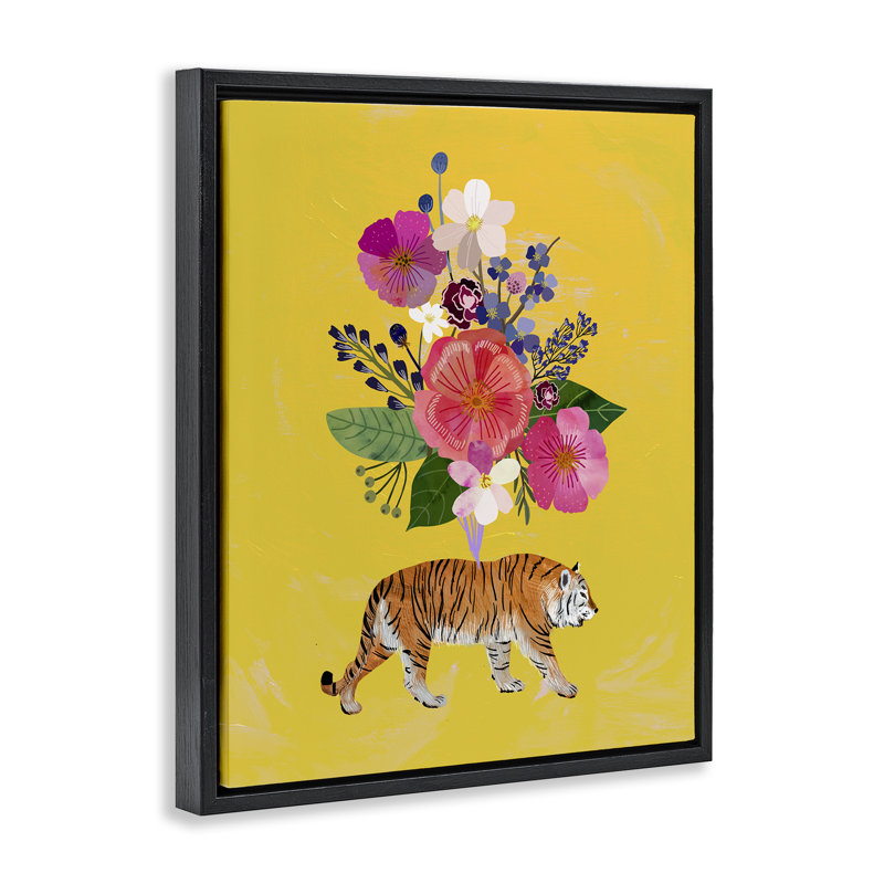 Ensemble de tigres roses sur cadre flottant jaune, design par Mia Charro, Cadre flottant noir de jais, H 21 po x l 17 po