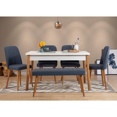 Modern Dining Table & Chairs Set (6 Pieces), Atlantic Pine & Navy Blue | 100% Melamine Coated Particle Board, Table: 47.2 x 30.3 x 29.5 inches, Chairs: 18.5 x 35.4 inches | Stylish Metal Frame, 100% Linen Foam, Perfect for Scandinavian Home Décor