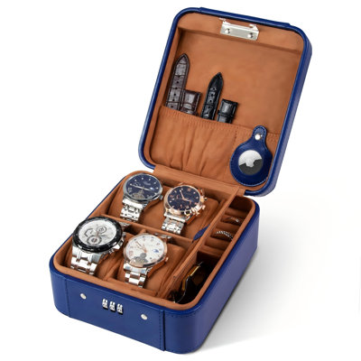 Watch Case With Combination Lock - 4 Watch Storage And Jewelry Organizer - PU Leather Travel Watch Case,Blue
