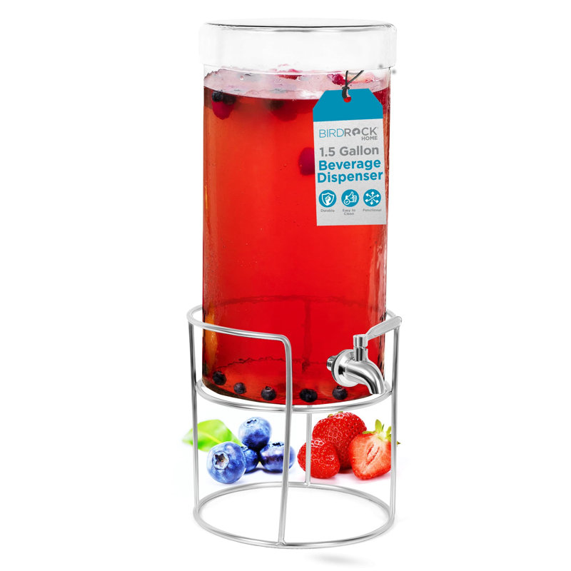 1.5 Gallon Glass Beverage Dispenser with Stand, Stainless Steel Spigot and Lid 