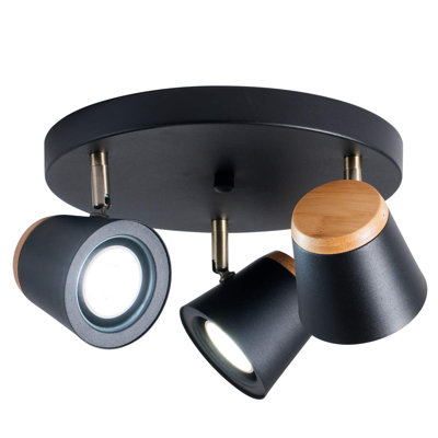 3-Light Directional Spotlight,Matte Black And Natural Wood Finish Semi Flush Mount Track Lights For Hallways, Bedrooms, Foyer, Kitchen, Living Room