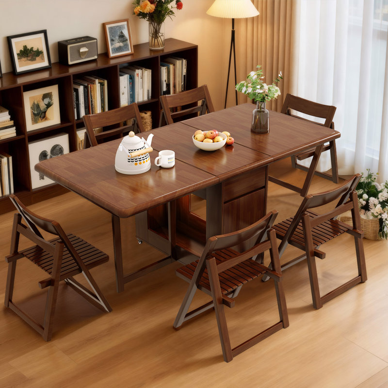 Foldable Extending Table in Walnut, Solid Wood with Casters, 2 Drawers and Concealed Storage Space（Without Chairs） Fast Dispatch From UK Warehouse – Dispatched Within 2 Days