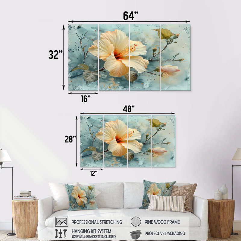 Ensemble de salon art mural jaune et gris Hibiscus - Hibiscus, H 32 po x l 64 po