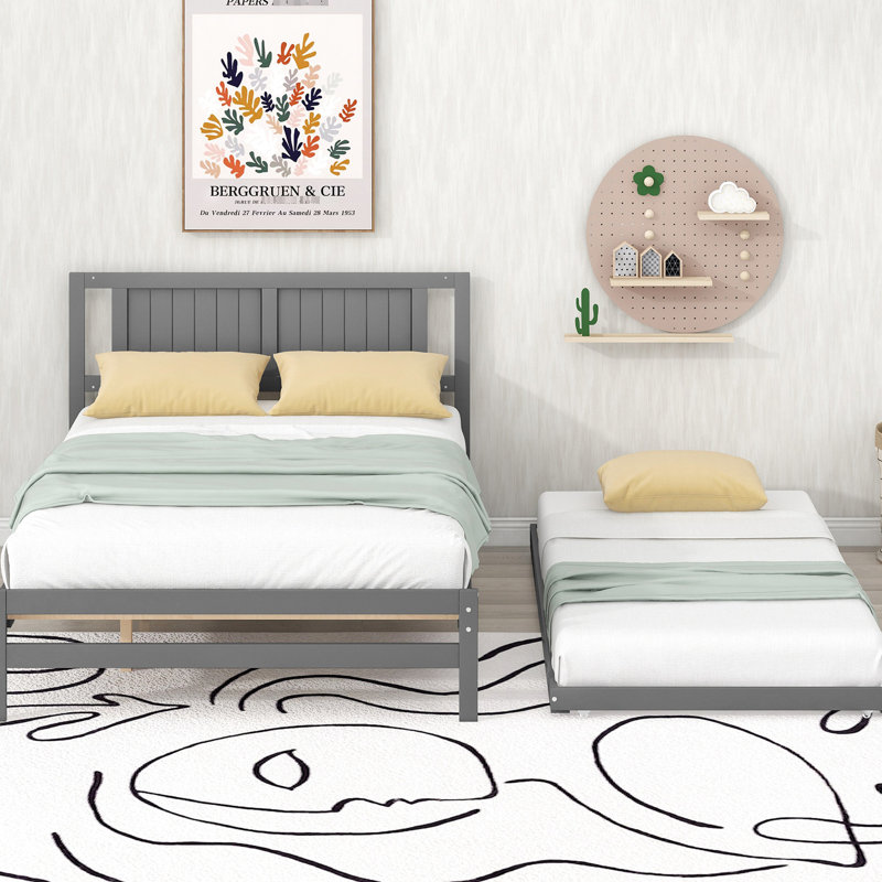 Lit plateforme double avec lit gigogne gris mobile, Gris