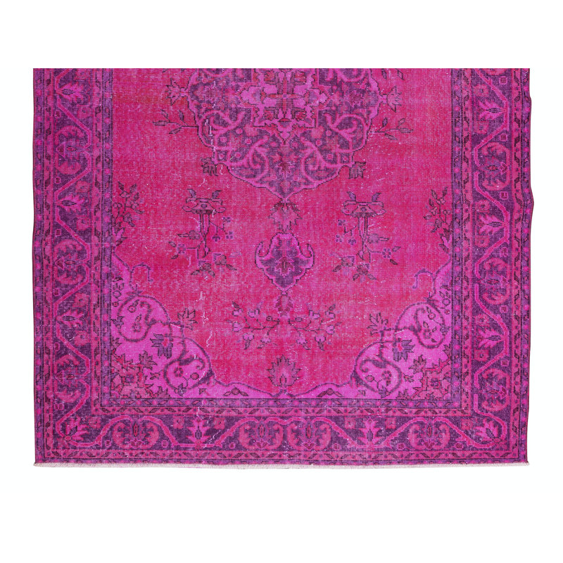 Tapis turc de style médaillon fabriqué à la main 6 x 9,8 pi en rose fuchsia pour un intérieur contemporain