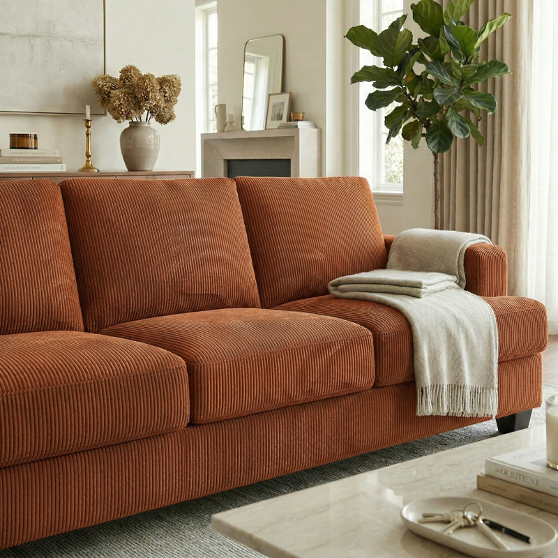 89'' Upholstered Sofa, Modern 3 Seater Corduroy Couch With Square Armrests, Rust