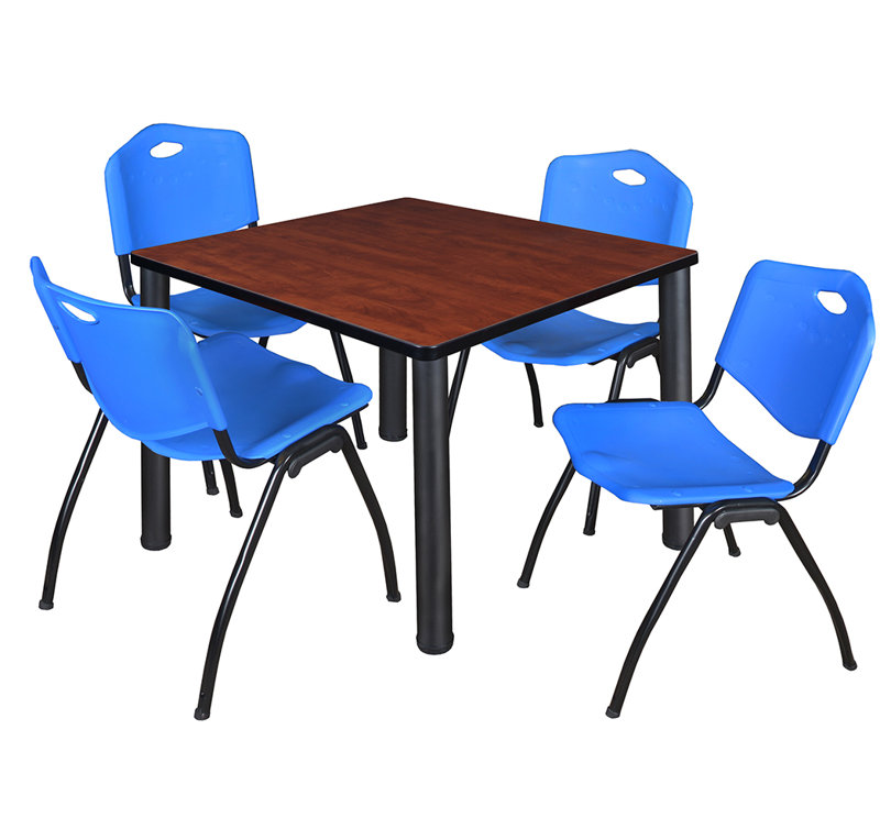 Kee Square Breakroom Table Top, 4 M Stack Chairs, 30" H x 29" W x 29" D, Black, Cherry