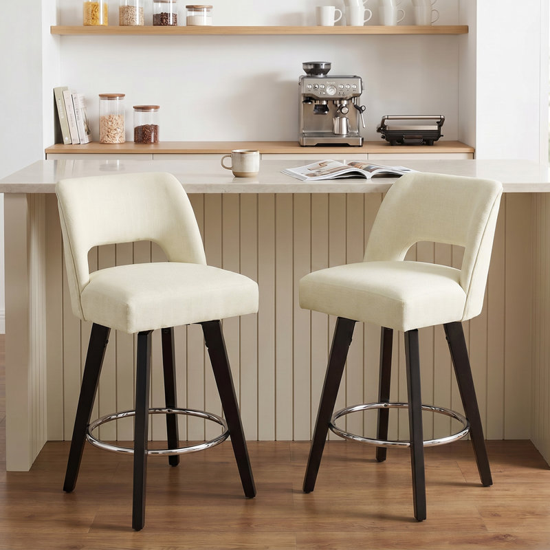 Tabourets de bar pivotants de 67 cm (26,4 po) – Revêtement aspect lin, pieds en bois massif noir, dossier ouvert pour îlot de cuisine