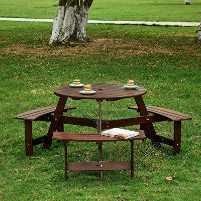 Table de pique-nique 6 places avec 3 bancs - Trou pour parasol, bords lisses, pour jardin ou terrasse, style rustique, brun vieilli